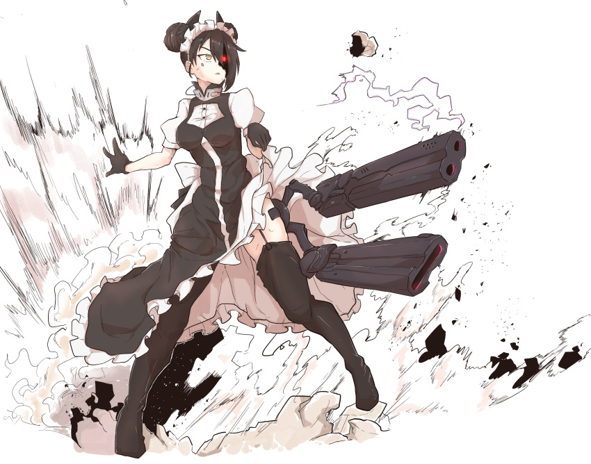 1girl absurdres agent_(girls_frontline) asymmetrical_hair beam_cannon black_dress black_footwear black_gloves boots cannon dinoyhs double_bun dress dress_lift dust explosion eyelashes frilled_dress frills garter_straps girls_frontline gloves glowing glowing_eye hair_over_one_eye high_heel_boots high_heels highres juliet_sleeves long_sleeves looking_to_the_side maid maid_headdress mechanical_arm parted_lips puffy_sleeves red_eyes rubble sangvis_ferri scrape short_sleeves simple_background smoke solo thigh-highs thigh_boots thighs tsurime white_background wire yellow_eyes