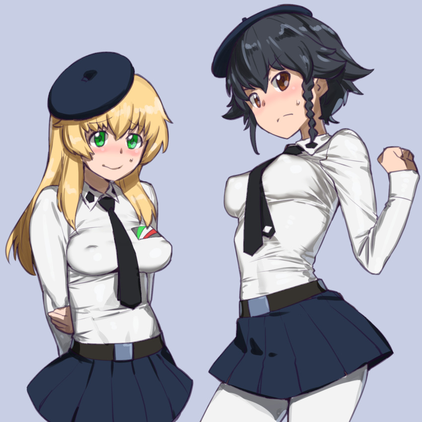 2girls anzio_school_uniform arm_behind_back arm_grab arms_behind_back bangs belt beret black_belt black_hair black_headwear black_neckwear black_skirt blonde_hair blush braid breasts brown_eyes carpaccio_(girls_und_panzer) clenched_hand closed_mouth commentary covered_navel covered_nipples dress_shirt emblem eyebrows_visible_through_hair frown girls_und_panzer green_eyes hat highres long_hair long_sleeves looking_at_viewer medium_breasts miniskirt multiple_girls necktie onsen_tamago_(hs_egg) pantyhose pepperoni_(girls_und_panzer) pleated_skirt school_uniform shirt short_hair side_braid simple_background skin_tight skirt smile standing sweatdrop tilted_headwear white_legwear white_shirt