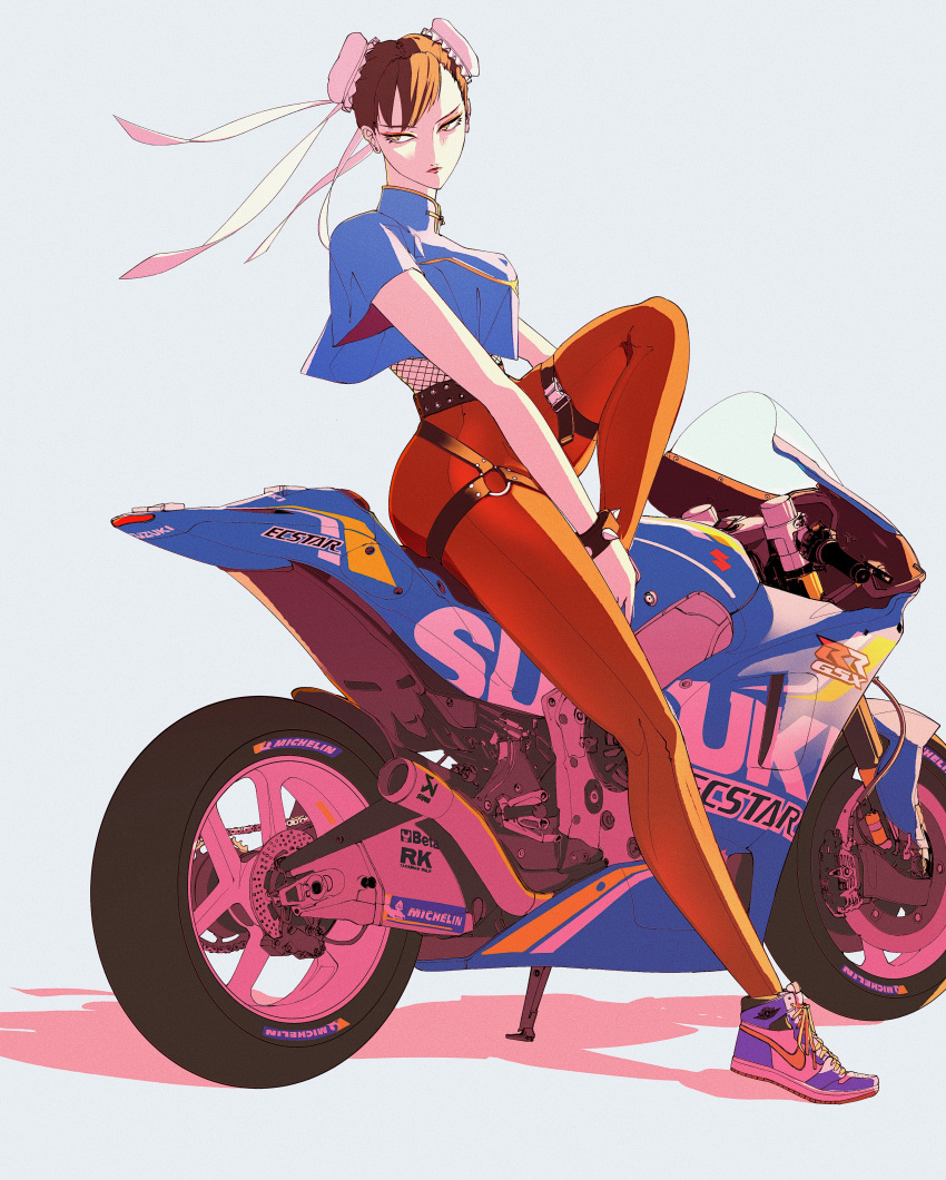 1girl absurdres adapted_costume belt bracelet breasts brown_eyes brown_hair brown_legwear bun_cover chun-li commentary crop_top crop_top_overhang double_bun english_commentary fishnet_top ground_vehicle highres jewelry large_breasts leaning_against_motorcycle long_legs motor_vehicle motorcycle nike o-ring on_motorcycle pantyhose product_placement seamed_legwear shoes sneakers solo spiked_bracelet spikes street_fighter street_fighter_ii_(series) studded_belt suzuki thigh_strap vinne