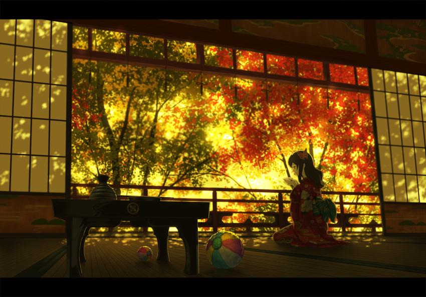 1girl architecture autumn autumn_leaves ball beachball black_hair bug butterfly butterfly_hair_ornament cup doora_(dora0913) east_asian_architecture hair_ornament holding indoors insect japanese_clothes kimono letterboxed long_hair nature obi original railing sash scenery seiza sitting solo table tatami temari_ball tree wavy_hair