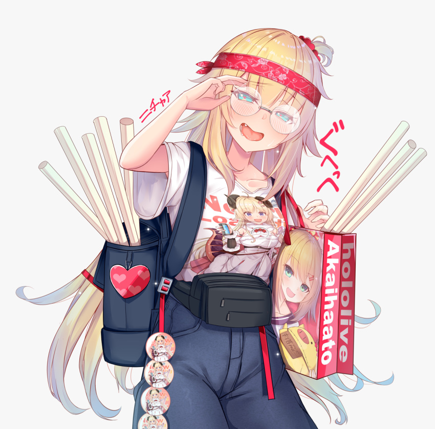1girl adjusting_eyewear akai_haato alternate_costume backpack badge bag bespectacled blonde_hair blue_eyes blue_pants blush breasts clothes_writing collarbone fang fanny_pack glasses grey_background haaton_(haato_channel) hair_ornament hand_up harp headband heart heart-shaped_pupils heart_hair_ornament highres hololive horns implied_yuri instrument long_hair looking_at_viewer one_side_up open_mouth pants paper_bag poster_(object) print_shirt round_eyewear saliva sheep_girl sheep_horns shirt simple_background solo symbol-shaped_pupils t-shirt tsunomaki_watame very_long_hair virtual_youtuber white_shirt yoshiheihe