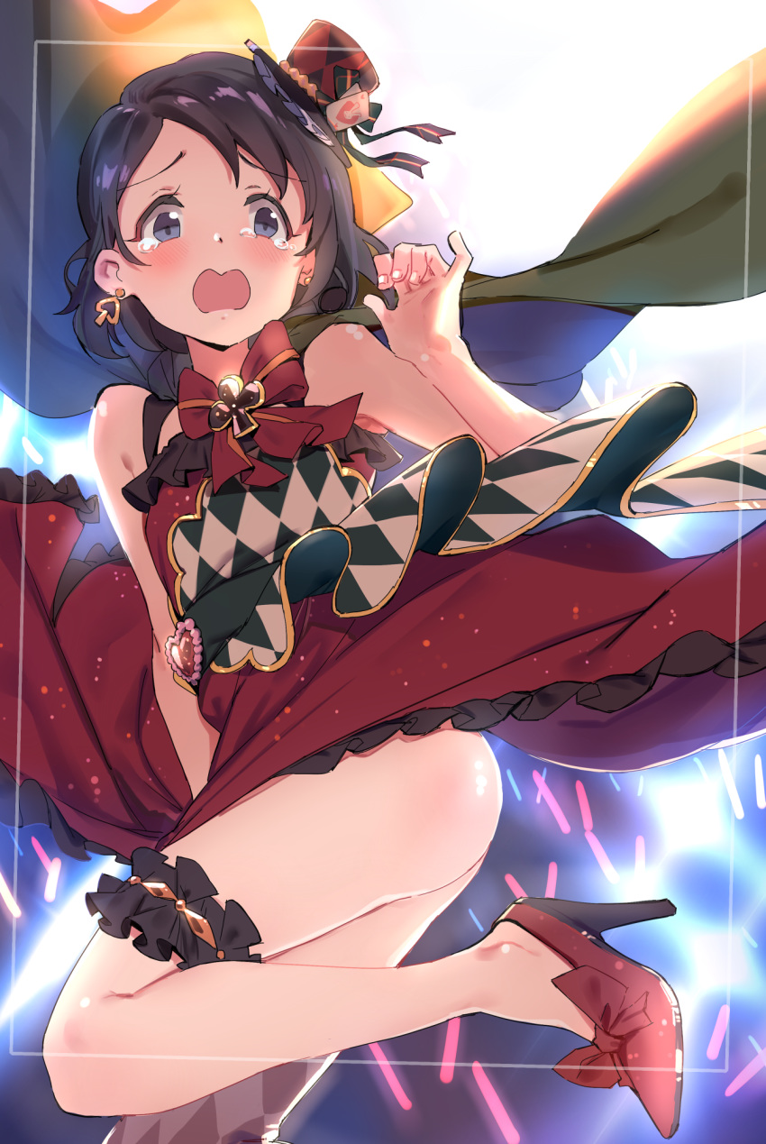 1girl ass bare_legs bare_shoulders black_eyes black_hair brooch cape checkered checkered_dress commentary_request costume diamond_(shape) dress earrings frilled_skirt frills glowstick hat highres idolmaster idolmaster_cinderella_girls jewelry looking_at_viewer mini_hat mini_top_hat no_socks o.m open_mouth red_dress red_footwear sasaki_chie skirt sleeveless sleeveless_dress solo tearing_up thigh_strap top_hat