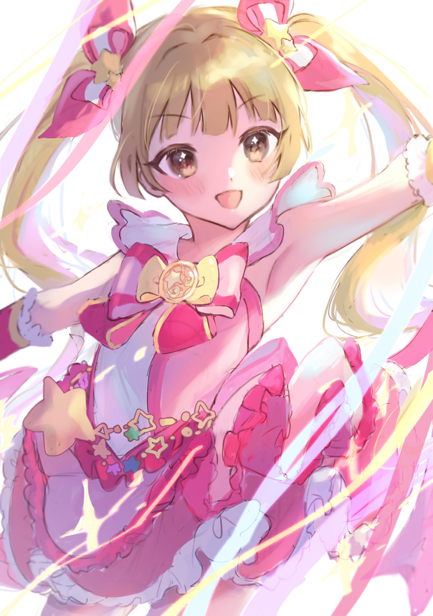 1girl :d anoa armpits bangs bare_shoulders blonde_hair blush bow brown_eyes commentary_request dress eyebrows_visible_through_hair frilled_dress frills hair_bow hair_ornament highres idolmaster idolmaster_cinderella_girls idolmaster_cinderella_girls_starlight_stage long_hair looking_at_viewer open_mouth outstretched_arms pink_dress sketch sleeveless sleeveless_dress smile solo star star_hair_ornament striped striped_bow twintails v-shaped_eyebrows very_long_hair white_background wrist_cuffs yokoyama_chika