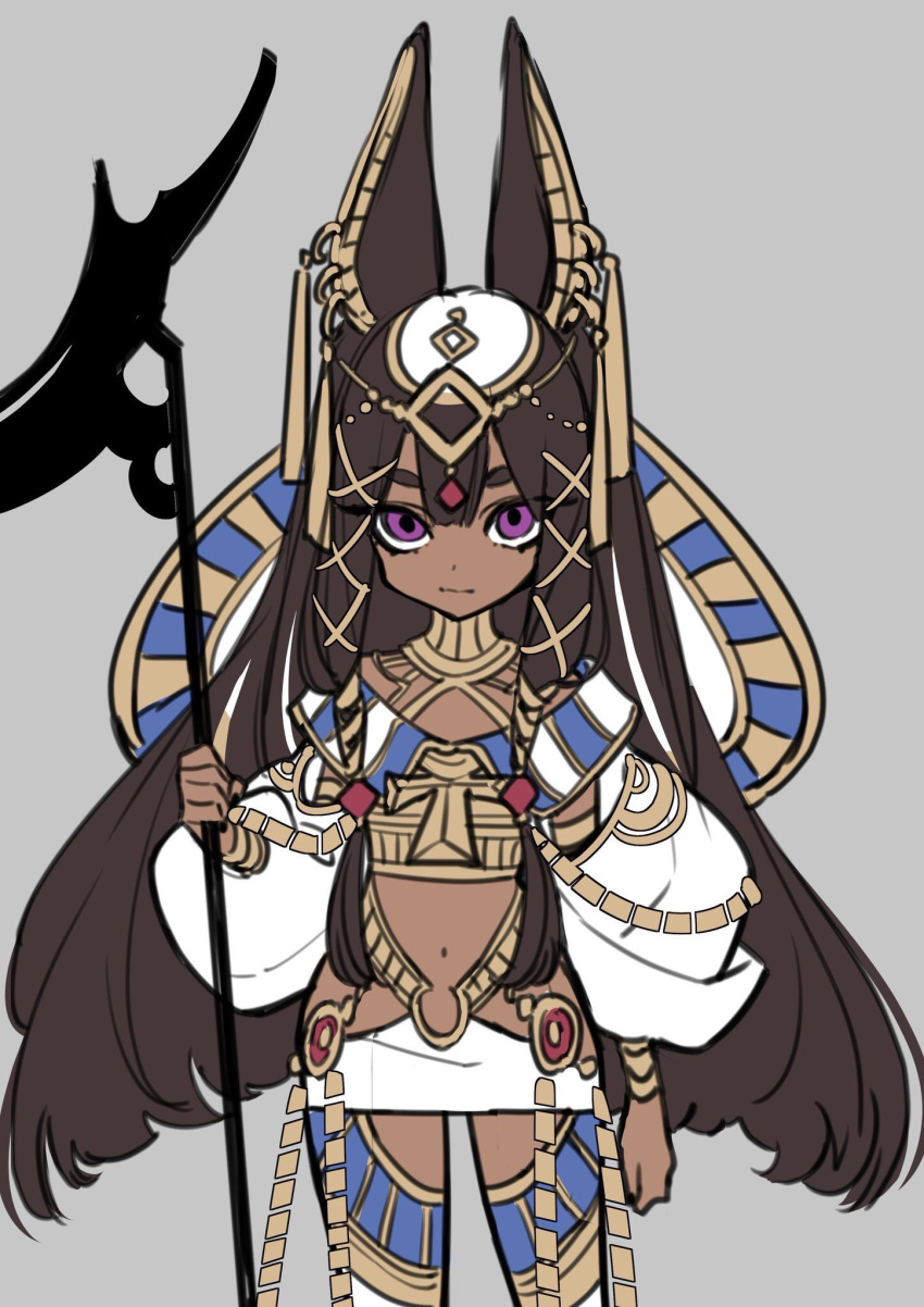 1girl animal_ears ankh anubis_(westxost) arm_at_side big_hair bracelet brown_hair closed_mouth collar contrapposto cowboy_shot dark_skin diadem earrings ears_up grey_background highres holding jackal_ears jewelry long_hair long_sleeves looking_at_viewer navel original puffy_long_sleeves puffy_sleeves simple_background solo staff standing thigh-highs very_long_hair violet_eyes westxost_(68monkey)