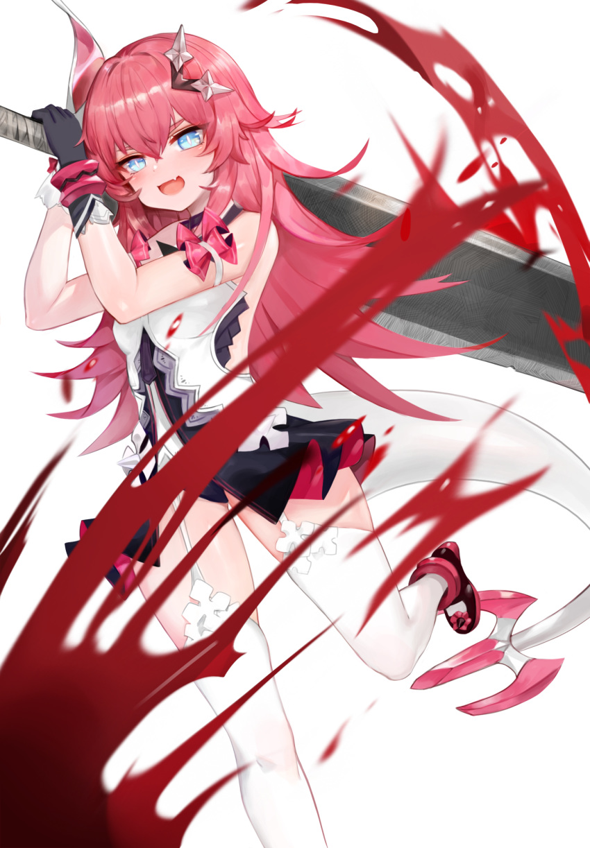 1girl :d bangs bare_shoulders black_footwear black_gloves blood blue_eyes blush broadsword commentary_request curled_horns dokomon dress eyebrows_behind_hair fang garter_straps gloves hair_between_eyes hair_ornament highres holding holding_sword holding_weapon honkai_(series) honkai_impact_3rd horn korean_commentary long_hair mismatched_gloves open_mouth pink_hair rozaliya_olenyeva shoes simple_background sleeveless sleeveless_dress smile solo standing standing_on_one_leg sword tail thigh-highs two-handed very_long_hair weapon white_background white_dress white_gloves white_legwear