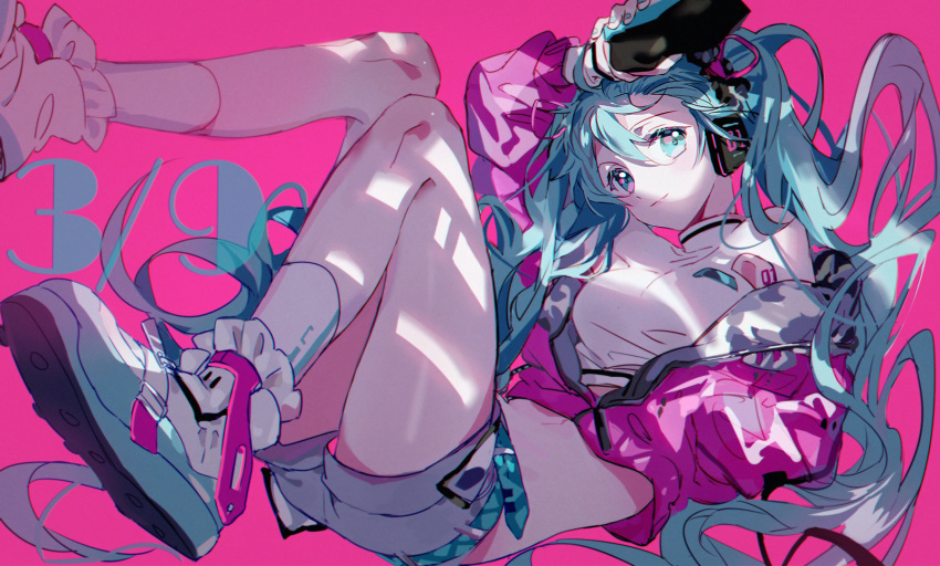 1girl 39 alternate_costume arm_over_head bag bare_legs belt blue_eyes blue_hair blue_nails breasts closed_mouth crop_top curly_hair eyelashes fingernails floating_hair full_body grey_shorts hair_between_eyes handbag happy hatsune_miku headset high_collar highres jacket kanose knees_together_feet_apart large_breasts leg_up light long_hair looking_at_viewer midriff number number_tattoo open_clothes open_jacket partially_unzipped pink_background pink_jacket shaded_face shirt shoes shorts simple_background sitting smile sneakers socks solo tattoo thighs very_long_hair vocaloid white_footwear white_legwear white_shirt