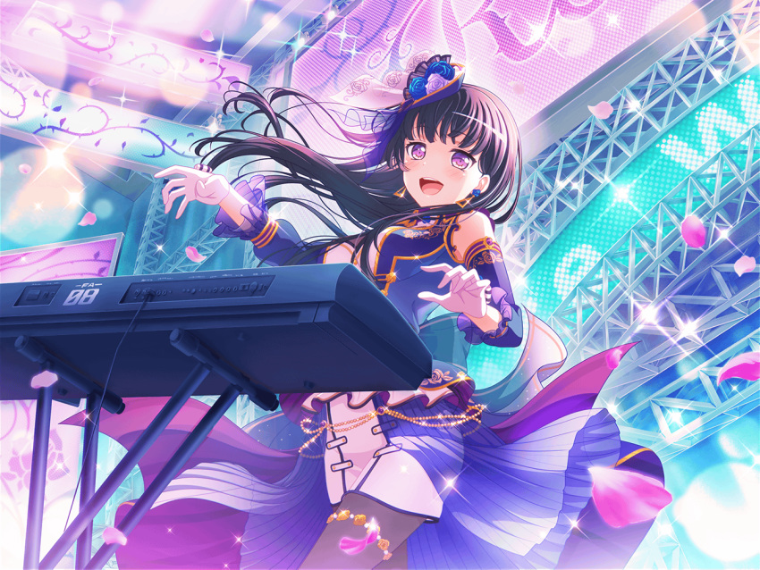 bang_dream! black_hair blush dress keyboard_(instrument) long_hair official_art shirokane_rinko smile violet_eyes