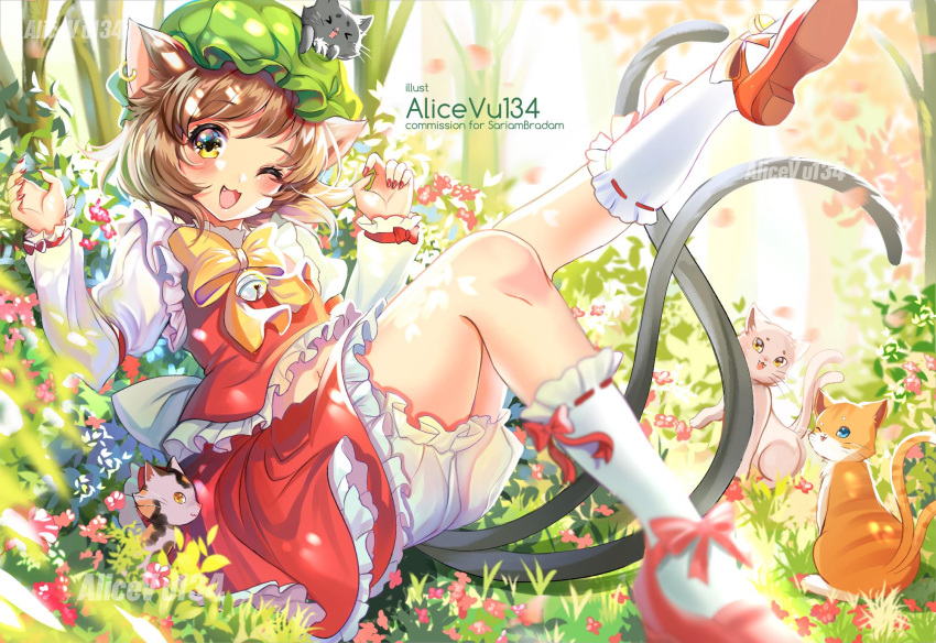 1girl :3 ;d alicevu134 animal animal_ears bloomers blurry bow brown_hair cat cat_ears cat_tail chen commission depth_of_field fang flower frilled_skirt frills full_body grass hat highres jewelry mary_janes mob_cap nekomata one_eye_closed open_mouth plant red_nails shirt shoes short_hair single_earring skirt smile tail touhou tree underwear vest white_legwear yellow_eyes youkai