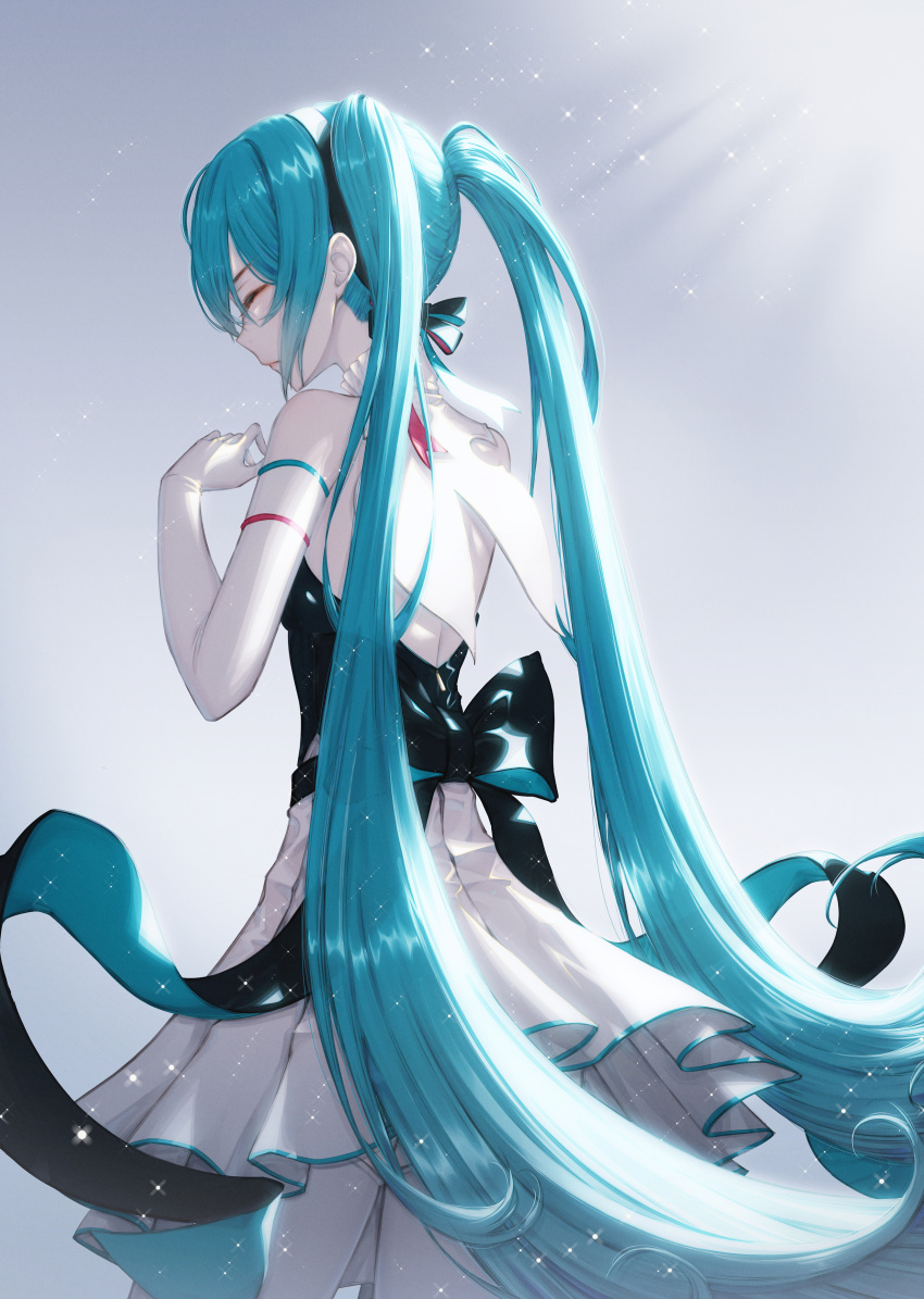 1girl absurdres backlighting bare_shoulders black_hairband black_ribbon blue_hair blush closed_eyes closed_mouth cowboy_shot detached_sleeves dress eyelashes from_behind frown grey_background hair_between_eyes hairband hands_up hatsune_miku highres light light_particles light_rays long_hair miku_symphony_(vocaloid) pale_skin profile ribbon shiny shiny_clothes shiny_hair short_dress sidelocks simple_background sleeveless sleeveless_dress solo sparkle straight_hair thigh-highs twintails very_long_hair vocaloid white_dress white_legwear yuka865