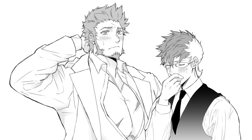 2boys alternate_costume alternate_hairstyle beard blush chest facial_hair fate/grand_order fate_(series) formal glasses long_sleeves male_focus multicolored_hair multiple_boys muscle n_(nemo) napoleon_bonaparte_(fate/grand_order) open_clothes pectorals scar sigurd_(fate/grand_order) spiky_hair suit upper_body