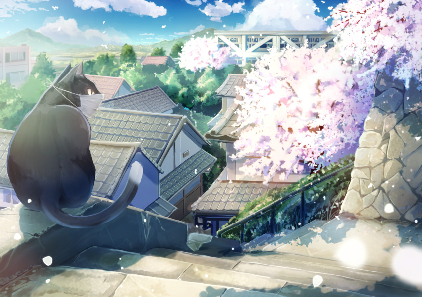 architecture blue_sky building cat cherry_blossoms clouds day east_asian_architecture highres mask mountainous_horizon mouth_mask no_humans original outdoors scenery sky stairs surgical_mask tree village wayuzz99