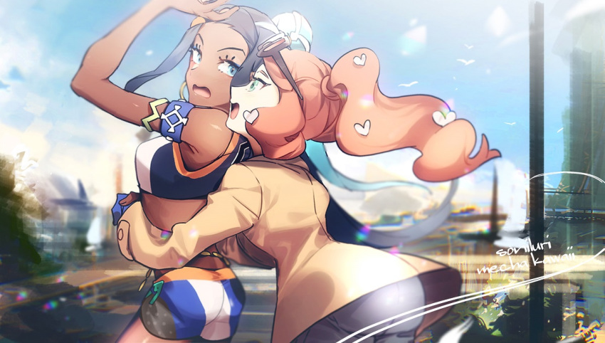 2girls aqua_eyes armlet ass bangs bare_shoulders beige_coat belly_chain black-framed_eyewear black_hair blue_eyeshadow blue_gloves blue_hair blue_pants blue_shorts blue_sky blurry blurry_background blush breasts coat dark_skin denim earrings eyeshadow eyewear_on_head forehead gloves gym_leader hair_bun hair_ornament heart heart_hair_ornament hoop_earrings jeans jewelry long_hair long_sleeves looking_at_another looking_back makeup medium_breasts midriff multicolored_hair multiple_girls no-kan open_mouth orange_hair outdoors pants partly_fingerless_gloves pokemon pokemon_(game) pokemon_swsh rurina_(pokemon) short_shorts shorts side_ponytail single_glove sky smile sonia_(pokemon) sports_bra sportswear sweater swept_bangs trench_coat two-tone_hair