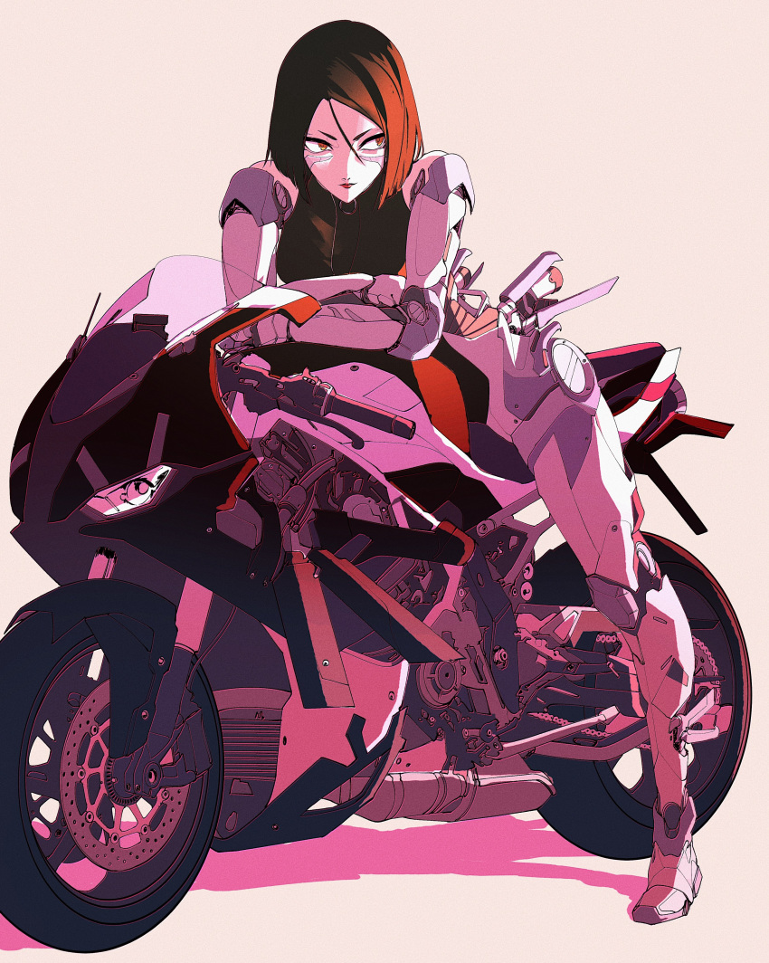 1girl absurdres adapted_costume alita:_battle_angel backlighting black_hair breasts brown_eyes commentary crossed_arms cyborg english_commentary facial_mark full_body gally ground_vehicle gunnm highres leaning_forward looking_to_the_side mechanical_arms medium_breasts medium_hair motor_vehicle motorcycle on_motorcycle robot_joints short_hair solo thrusters vinne
