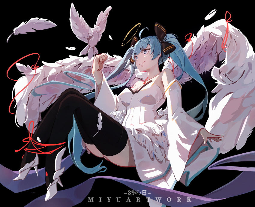 1girl 39 absurdres angel angel_wings aqua_eyes aqua_hair bare_shoulders bird black_background black_bow black_legwear bow commentary detached_sleeves dove dress english_commentary feathered_wings feathers full_body hair_bow hair_ornament halo hand_up hatsune_miku high_heels highres landing long_hair looking_at_another miyu10366 sitting slippers smile thigh-highs twintails very_long_hair vocaloid white_dress white_sleeves wings zettai_ryouiki