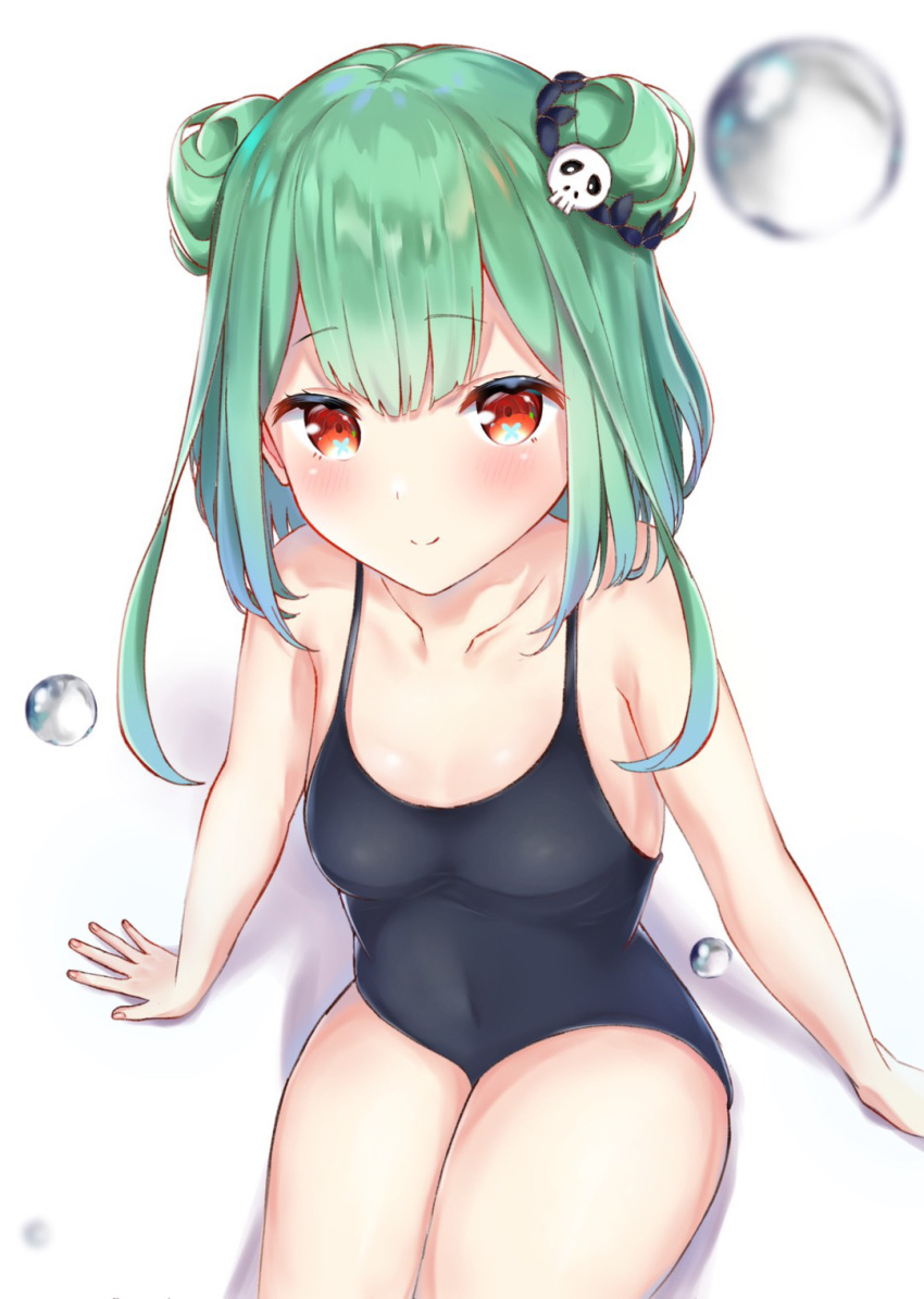 1girl black_swimsuit blush breasts collarbone covered_navel double_bun droplet eyebrows_visible_through_hair green_hair hair_ornament highres hololive legs_together looking_at_viewer medium_hair one-piece_swimsuit red_eyes school_swimsuit shadow simple_background sitting skull_hair_ornament small_breasts smile solo swimsuit taracomax thighs uruha_rushia virtual_youtuber white_background