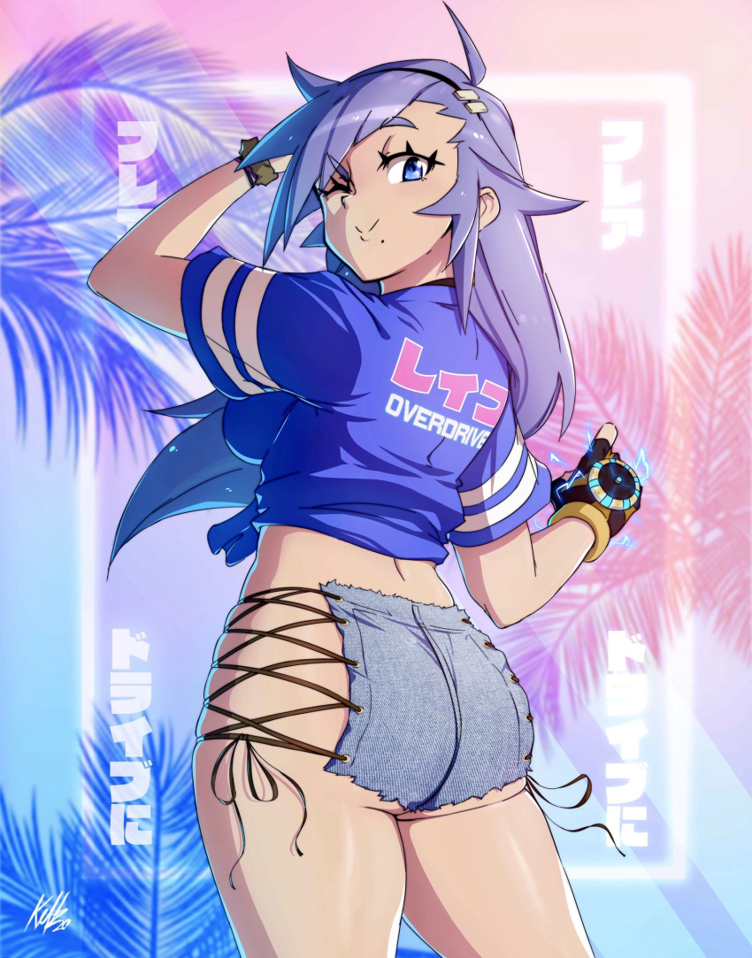 1girl ;) ass black_gloves blue_eyes breasts choker commentary denim denim_shorts english_commentary fingerless_gloves from_behind front-tie_top gloves hair_ornament hairband hairclip highres hip_vent kellzallday lace-up_shorts large_breasts lavender_hair long_hair looking_back mole mole_under_mouth one_eye_closed original scrunchie shorts single_fingerless_glove skindentation smile solo standing thighs wrist_scrunchie