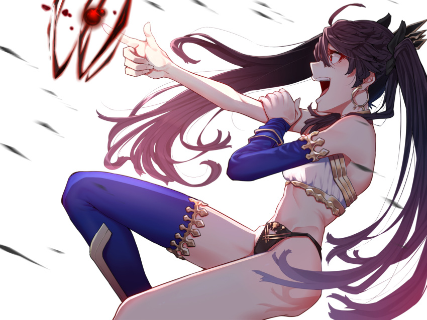 1girl asymmetrical_legwear asymmetrical_sleeves bare_shoulders black_hair black_ribbon blue_legwear blue_sleeves breasts commentary_request detached_sleeves earrings fate/grand_order fate_(series) from_side hair_between_eyes highres hoop_earrings ishtar_(fate)_(all) ishtar_(fate/grand_order) jewelry long_hair magic medium_breasts mikan_(chipstar182) neck_ring open_mouth pelvic_curtain red_eyes ribbon simple_background single_thighhigh skinny solo thigh-highs two_side_up white_background