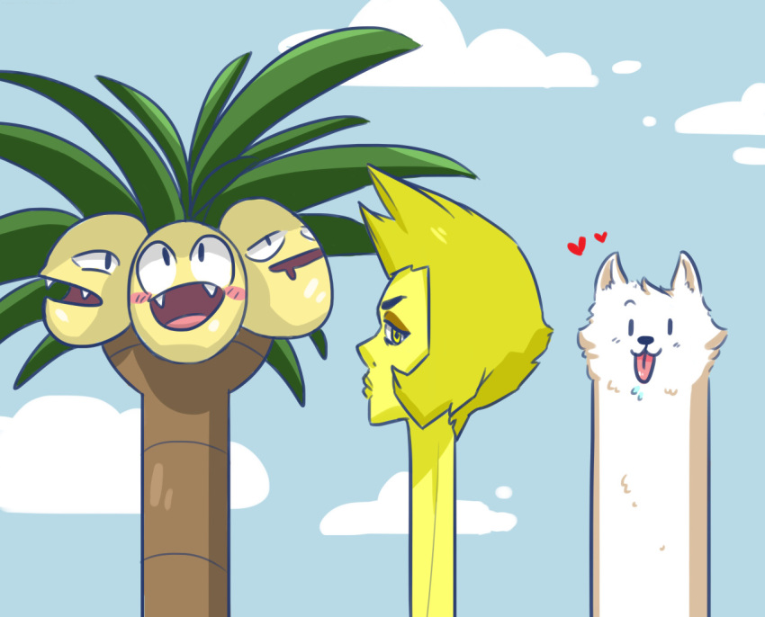 1girl :d alolan_exeggutor alolan_form black_eyes blonde_hair blue_sky blush clouds cloudy_sky creature crossover day dog face fangs gen_7_pokemon heart lesser_dog long_neck looking_at_viewer no_humans open_mouth outdoors pokemon pokemon_(creature) short_hair sky smile steven_universe tonestarr tongue tongue_out trait_connection undertale yellow_diamond_(steven_universe) yellow_eyes yellow_skin