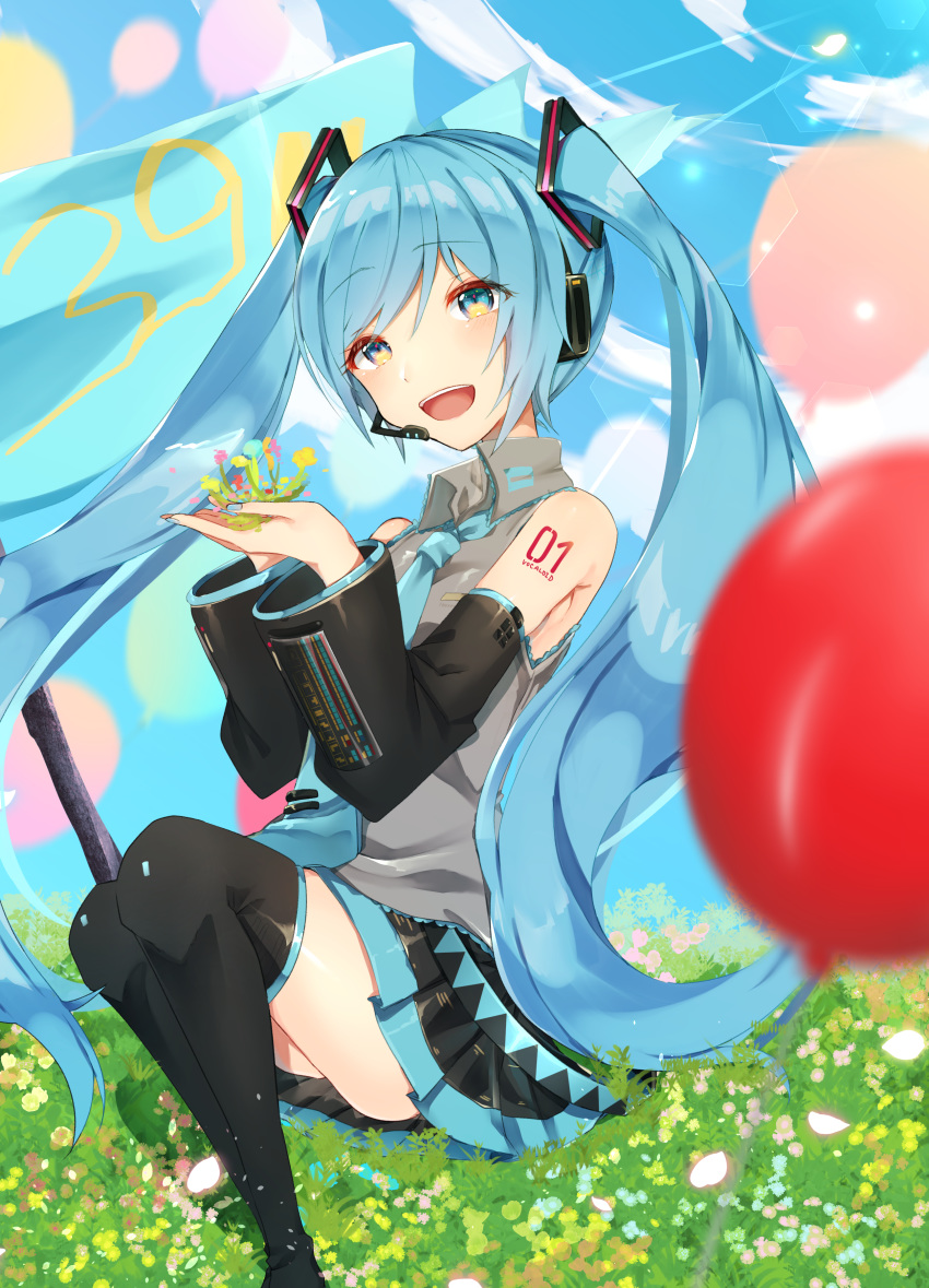 absurdres aqua_eyes aqua_hair aqua_nails aqua_neckwear balloon bare_shoulders black_legwear black_skirt black_sleeves blurry blurry_background blurry_foreground commentary copyright_name depth_of_field detached_sleeves feet_out_of_frame field flower glowing_petals grey_shirt hair_ornament hands_up hatsune_miku headphones headset highres holding holding_flower kusunokimizuha lens_flare long_hair looking_at_viewer nail_polish necktie open_mouth outdoors petals shirt shoulder_tattoo sitting skirt sleeveless sleeveless_shirt smile tattoo thigh-highs twintails very_long_hair vocaloid zettai_ryouiki