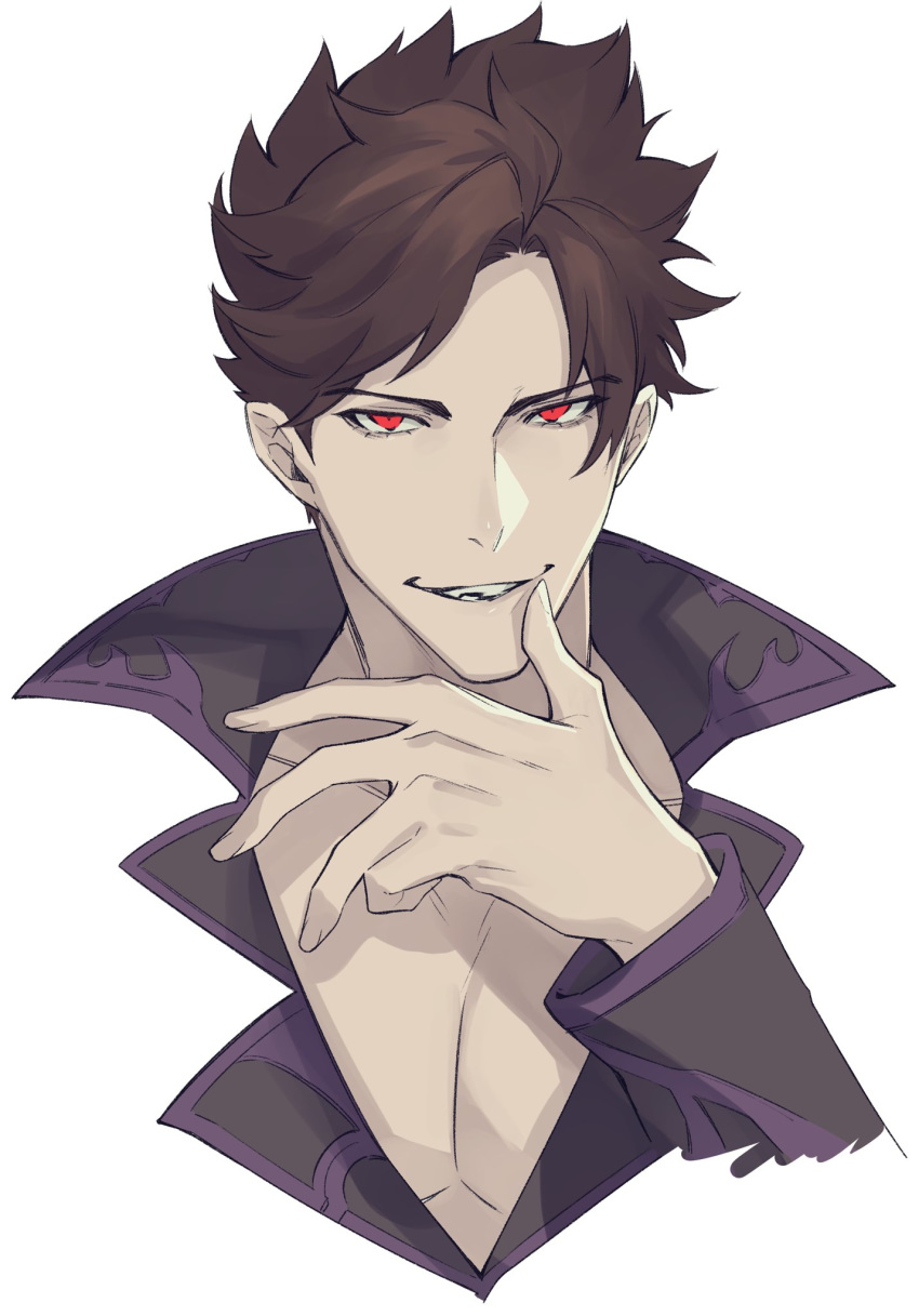 1boy belial_(granblue_fantasy) brown_hair fingernails granblue_fantasy grin hand_up highres long_sleeves male_focus portrait red_eyes simple_background smile solo westxost_(68monkey) white_background