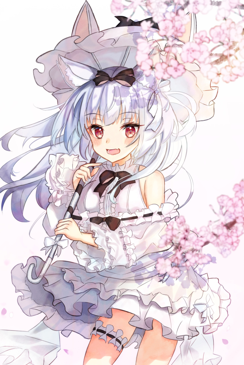 1girl :d animal_ear_fluff animal_ears azur_lane bangs bare_shoulders black_bow black_neckwear blush bow bowtie cherry_blossoms cowboy_shot dress eyebrows_visible_through_hair fang frilled_dress frilled_sleeves frills hair_bow hair_ribbon highres holding holding_umbrella layered_dress leg_garter long_hair long_sleeves looking_at_viewer open_mouth panipo2501 parasol petals red_eyes ribbon ribbon-trimmed_sleeves ribbon_trim silver_hair simple_background skin_fang smile solo tree_branch umbrella white_background white_dress white_ribbon yukikaze_(azur_lane)