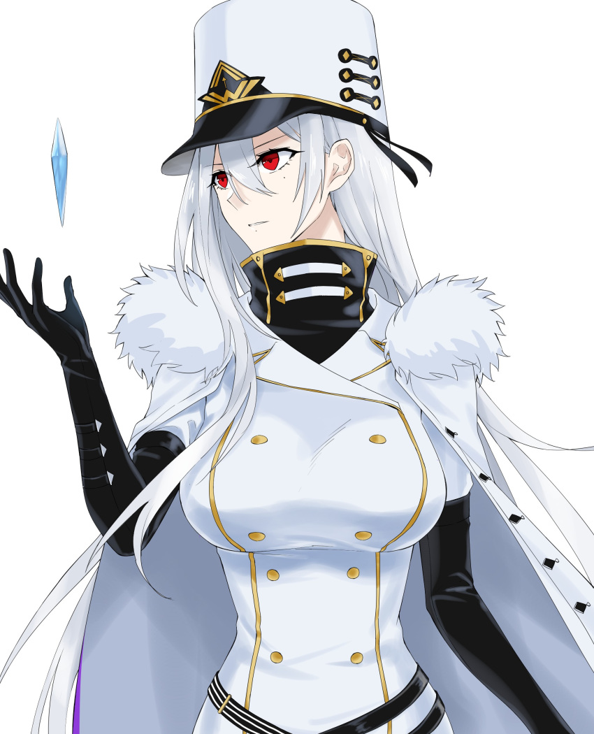 1girl absurdres azur_lane black_gloves breasts cape coat coat_dress double-breasted english_commentary eyebrows_visible_through_hair fur-trimmed_cape fur-trimmed_coat fur_trim gem gloves hair_between_eyes hat high_collar highres jacket_on_shoulders large_breasts looking_to_the_side military military_hat military_uniform mole mole_under_eye parted_lips red_eyes sovetskaya_rossiya_(azur_lane) suprii uniform white_coat white_headwear