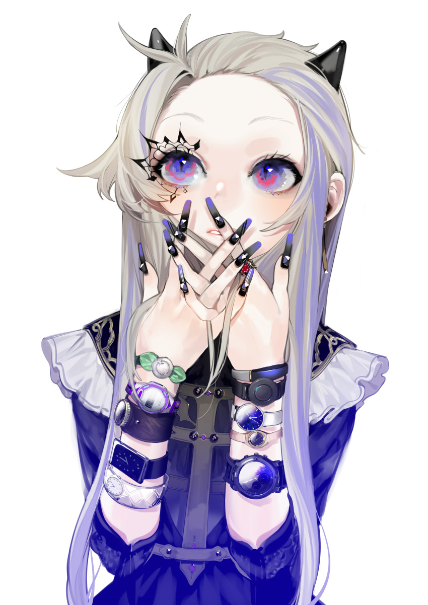 1girl absurdres black_dress black_nails dress eyelashes eyes facial_mark fingernails forehead grey_hair hair_slicked_back hand_to_own_mouth hands_up herme_(ohisashiburi) highres horns interlocked_fingers light_blush long_fingernails long_sleeves looking_up multicolored multicolored_eyes multicolored_hair multicolored_nails nail_art ohisashiburi original own_hands_together parted_lips pink_eyes purple_hair purple_nails short_hair_with_long_locks sidelocks simple_background slit_pupils solo too_many too_many_wristwatches two-tone_hair upper_body violet_eyes watch watch white_background wristband
