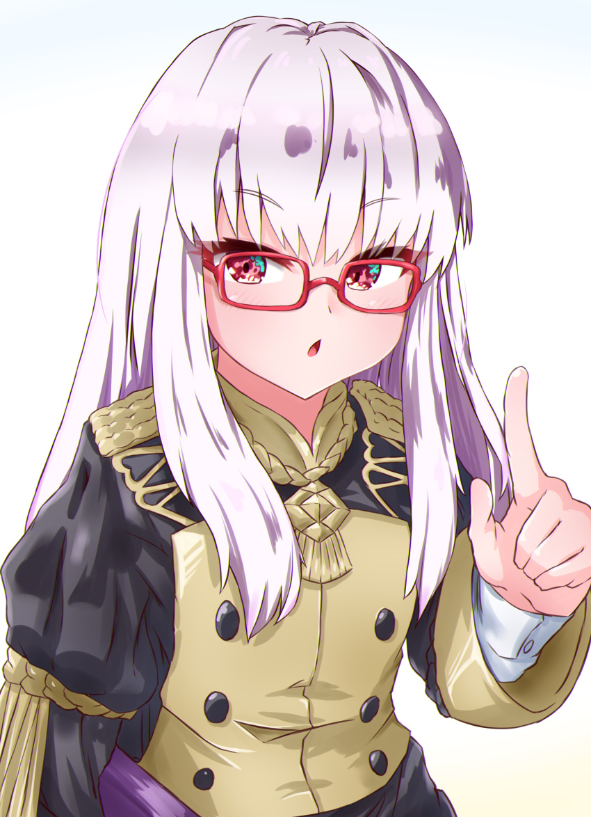 1girl absurdres bespectacled fire_emblem fire_emblem:_three_houses fire_emblem_heroes garreg_mach_monastery_uniform glasses highres lillian8710 long_hair long_sleeves lysithea_von_ordelia open_mouth pink_eyes red-framed_eyewear simple_background solo uniform upper_body white_hair