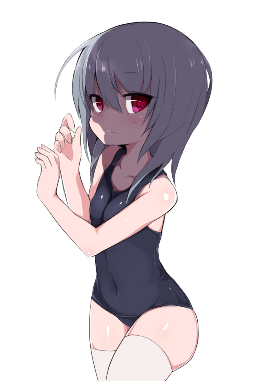 1girl against_wall arms_up breasts covered_navel grey_hair highres invisible_wall long_hair morino_donguri one-piece_swimsuit original red_eyes school_swimsuit shaded_face simple_background small_breasts solo swimsuit thigh-highs thighs white_background white_legwear
