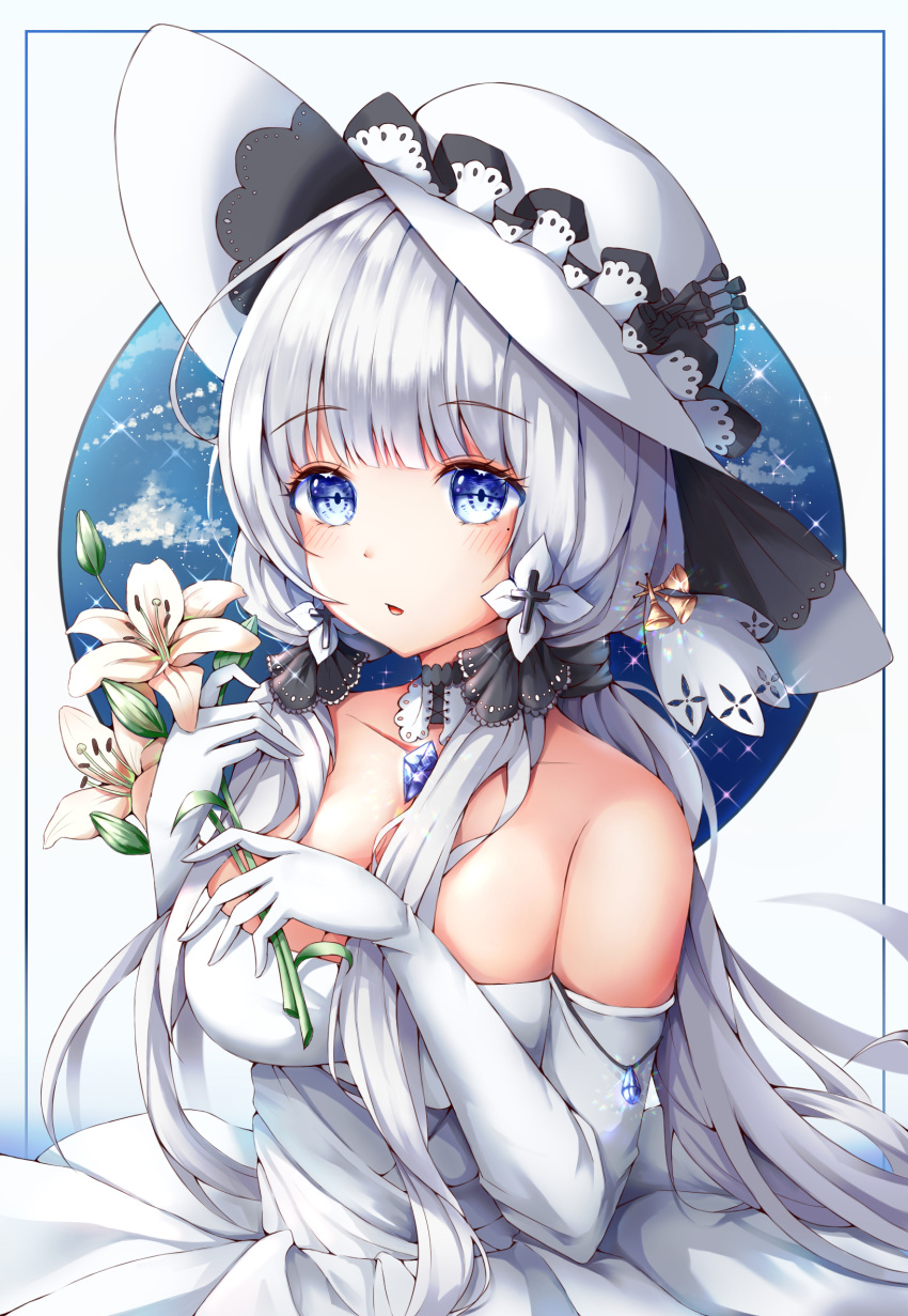 1girl azur_lane blue_eyes blush breasts caron dress elbow_gloves eyebrows_visible_through_hair flower gloves hair_ornament hair_ribbon hat highres holding holding_flower illustrious_(azur_lane) large_breasts long_hair looking_at_viewer mole mole_under_eye ribbon solo strapless strapless_dress sun_hat white_dress white_gloves white_hair white_headwear