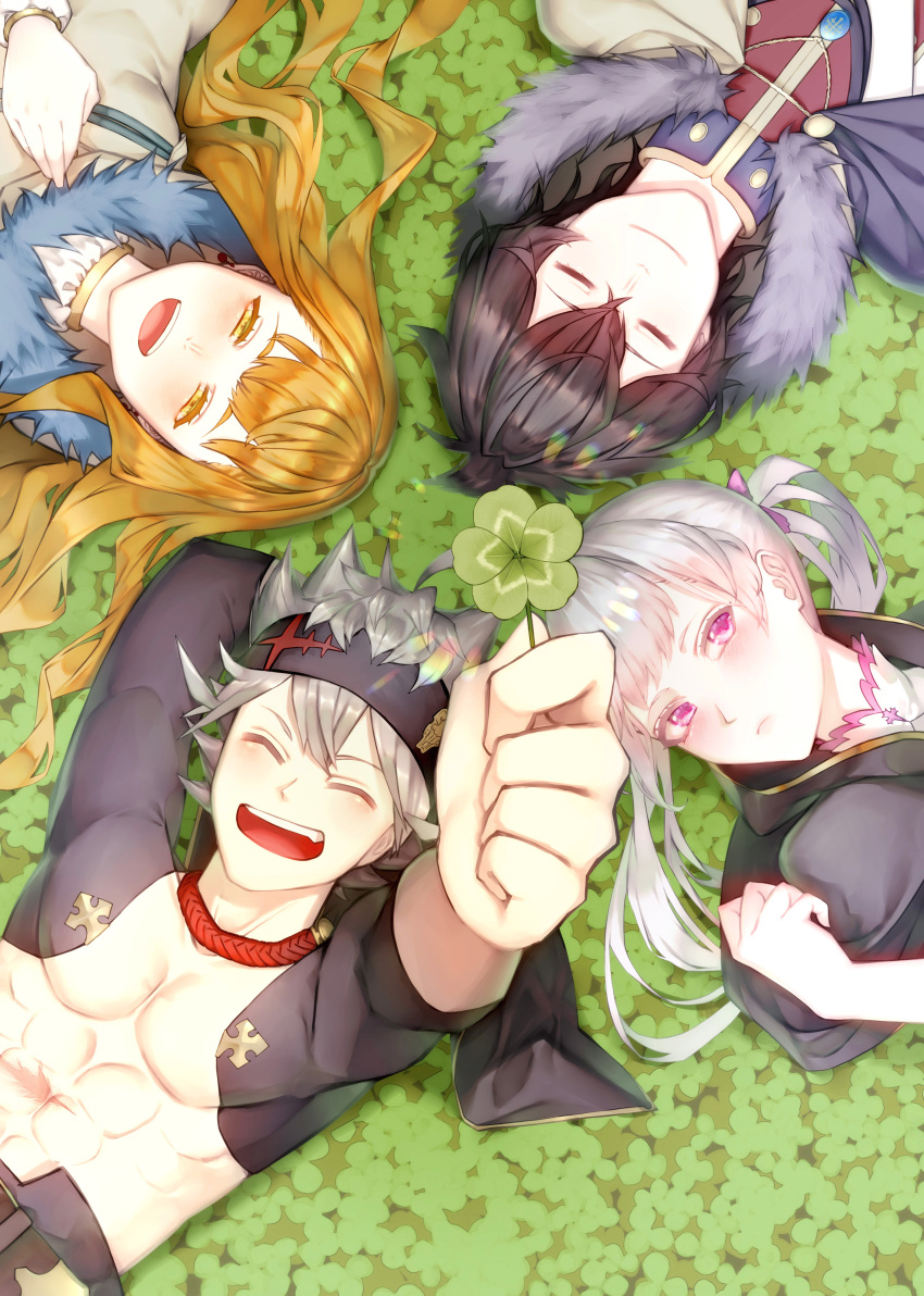 2boys 2girls :d abs absurdres asta_(black_clover) black_clover black_hair black_headband blush brown_eyes brown_hair cape capelet closed_eyes clover commentary_request four-leaf_clover frit_2 frown grey_hair headband highres holding_clover laughing looking_at_viewer lying mimosa_vermilion multiple_boys multiple_girls no_eyewear noelle_silva on_back on_ground open_mouth silver_hair smile twintails violet_eyes yuno_(black_clover)