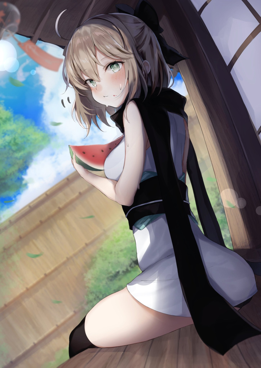 1girl :t ass bangs bare_shoulders black_bow black_legwear black_panties black_sclera blush bow brown_hair closed_mouth commentary_request day eating eyebrows_visible_through_hair fate/grand_order fate_(series) fence food food_on_face fruit green_eyes hair_between_eyes hair_bow highres holding holding_food japanese_clothes kimono koha-ace leaves_in_wind looking_at_viewer looking_back mochi_nabe obi okita_souji_(fate) okita_souji_(fate)_(all) outdoors panties sash sleeveless sleeveless_kimono solo thigh-highs underwear watermelon white_kimono wind_chime