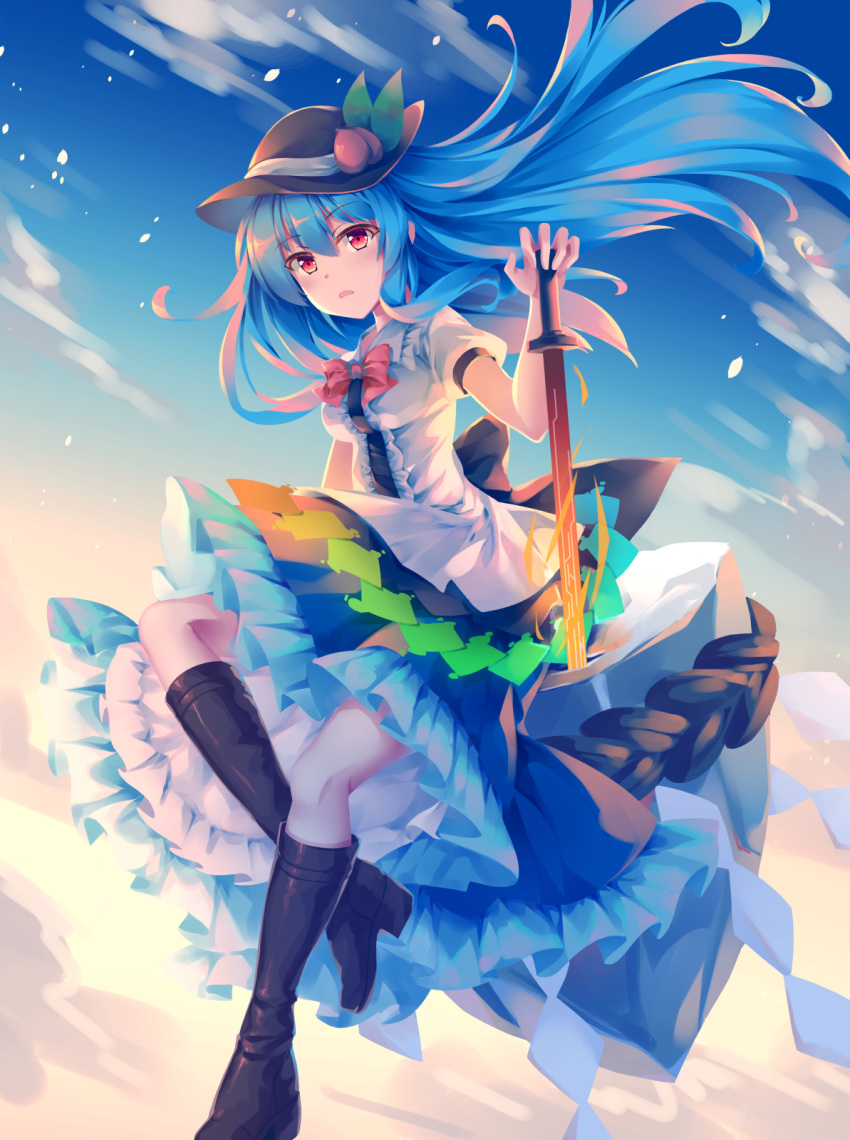 1girl above_clouds black_footwear black_headwear blue_hair blue_skirt boots bow bowtie clouds commentary dress expressionless eyebrows_visible_through_hair fire food fruit full_body gradient_sky hair_between_eyes hair_blowing hand_on_hilt hat highres hinanawi_tenshi keystone knee_boots knees_up layered_dress leaf light_particles long_hair looking_at_viewer mechrailgun no_lineart open_mouth parted_lips peach planted_sword planted_weapon puffy_short_sleeves puffy_sleeves red_eyes red_neckwear rope shide shimenawa shirt short_sleeves sitting sitting_on_rock skirt sky solo sword sword_of_hisou touhou very_long_hair weapon white_shirt