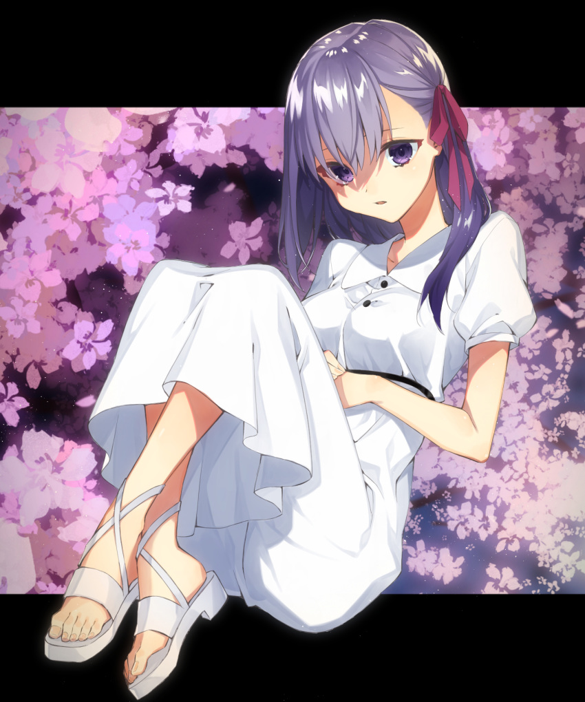 1girl black_ribbon breasts commentary_request dress fate/stay_night fate_(series) floral_print hair_between_eyes hair_ribbon heaven's_feel highres long_hair looking_at_viewer matou_sakura medium_breasts parted_lips purple_hair red_ribbon ribbon shimi_to_ufu shoes short_sleeves solo violet_eyes white_dress white_footwear