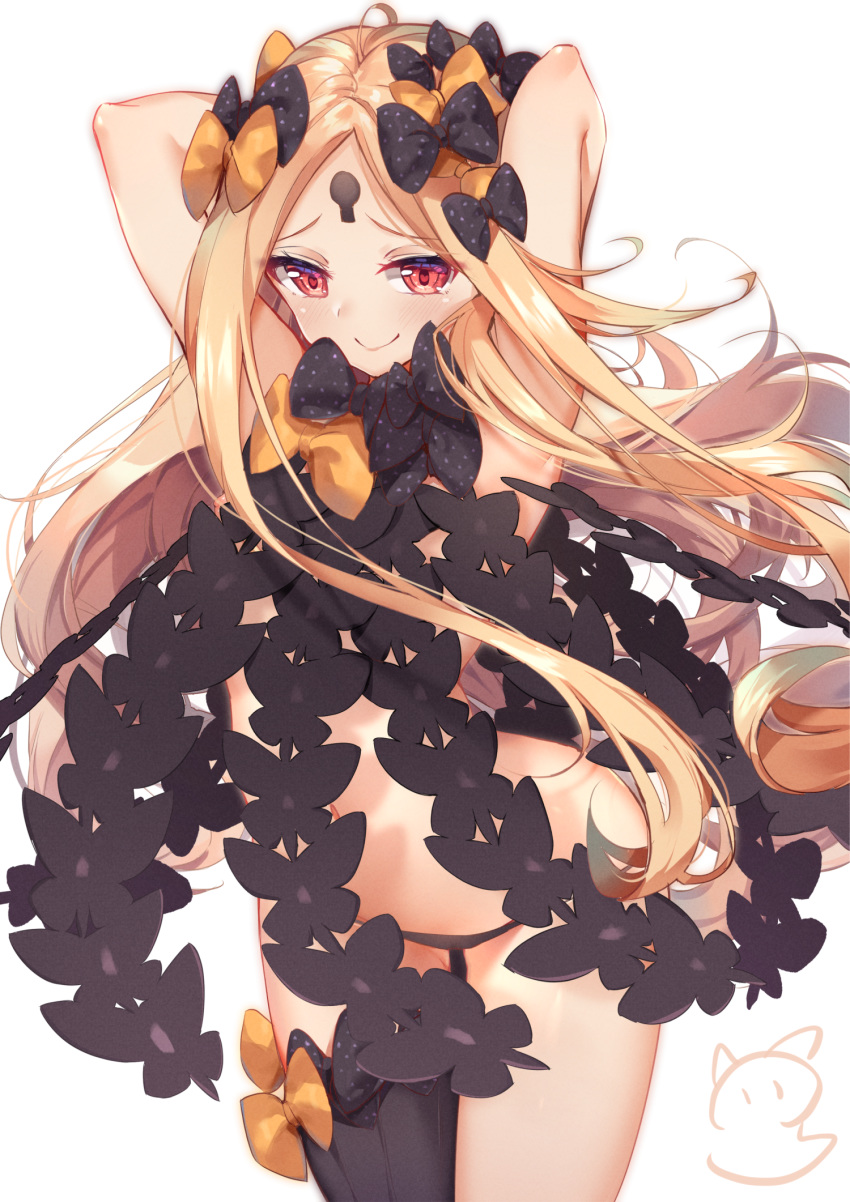 1girl abigail_williams_(fate/grand_order) arched_back armpits arms_behind_head arms_up ass_visible_through_thighs bangs black_bow black_legwear black_panties blonde_hair blush bow breasts closed_mouth fate/grand_order fate_(series) groin highres keyhole long_hair nahaki orange_bow panties parted_bangs polka_dot polka_dot_background red_eyes revealing_clothes signature simple_background single_thighhigh smile solo thigh-highs underwear very_long_hair white_background