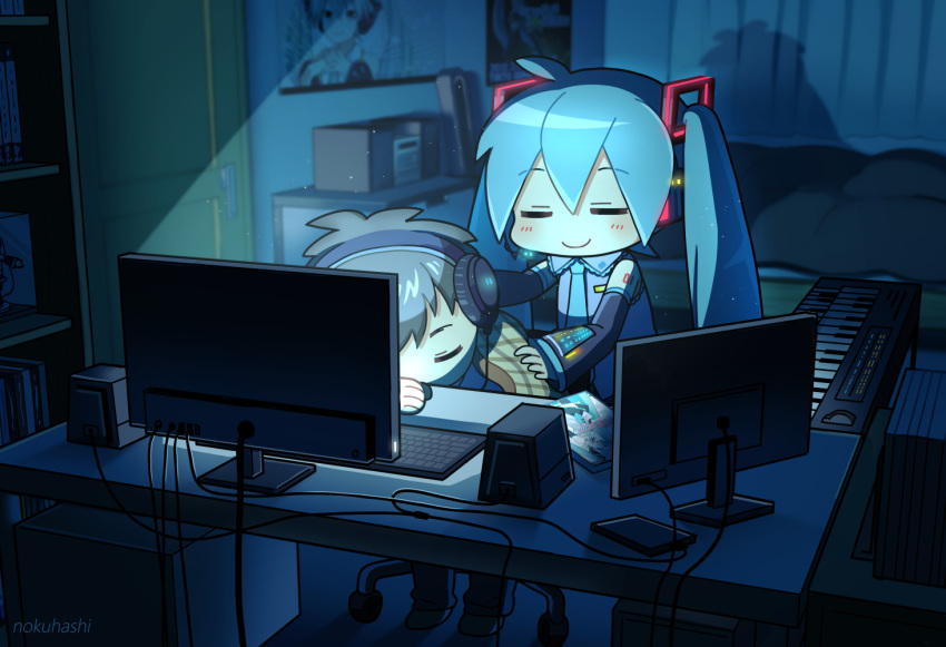 1boy 1girl =_= aqua_hair bare_shoulders black_sleeves blanket blush bookshelf box chibi closed_eyes commentary computer desk detached_sleeves grey_shirt hair_ornament hatsune_miku headphones headset indoors instrument keyboard_(computer) keyboard_(instrument) long_hair master_(vocaloid) monitor nokuhashi plaid_blanket poster_(object) room screen_light shelf shirt shoulder_tattoo sleeping sleeveless sleeveless_shirt smile speaker tattoo twintails very_long_hair vocaloid vocaloid_boxart_pose