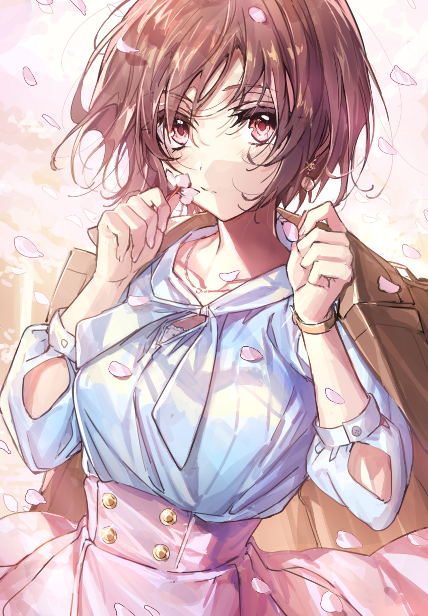 1girl blouse blush breasts brown_hair buttons cherry_blossoms closed_mouth collarbone cowboy_shot day earrings eyebrows_visible_through_hair flower highres holding holding_flower jacket_on_shoulders jewelry long_sleeves looking_at_viewer medium_breasts necklace original petals pink_eyes short_hair skirt solo wattaro