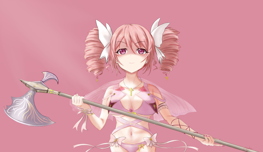 1girl absurdres angel angel_wings axe bikini blush breasts closed_mouth collarbone cross cross_necklace drill_hair eyebrows_visible_through_hair hair_ornament hair_ribbon halo highres jashin-chan_dropkick jewelry large_breasts ljcc100861 looking_at_viewer navel necklace pink_bikini pink_eyes pink_hair pino_(jashin-chan_dropkick) ribbon shiny shiny_hair short_hair smile solo swimsuit twin_drills weapon wings