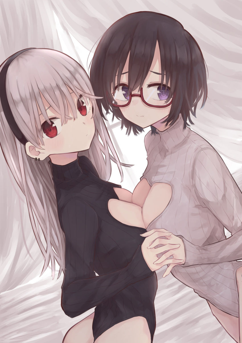 2girls absurdres bangs black_hair breast_press breasts cleavage_cutout crossed_bangs dutch_angle glasses grey_hair hair_between_eyes heart_cutout highres holding_hands large_breasts leotard looking_at_viewer multiple_girls original red_eyes rucchiifu semi-rimless_eyewear symmetrical_docking violet_eyes