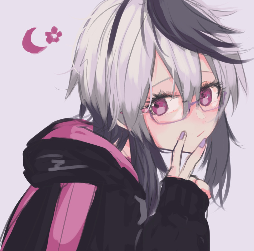 1girl absurdres animal_ears black_jacket blush commentary crescent_moon expressionless flower_(symbol) flower_(vocaloid) from_side glasses gomiyama hand_up highres hood hooded_jacket jacket looking_to_the_side moon multicolored_hair portrait purple_background purple_hair rabbit_ears solo streaked_hair v v_flower_(vocaloid4) violet_eyes vocaloid white_hair