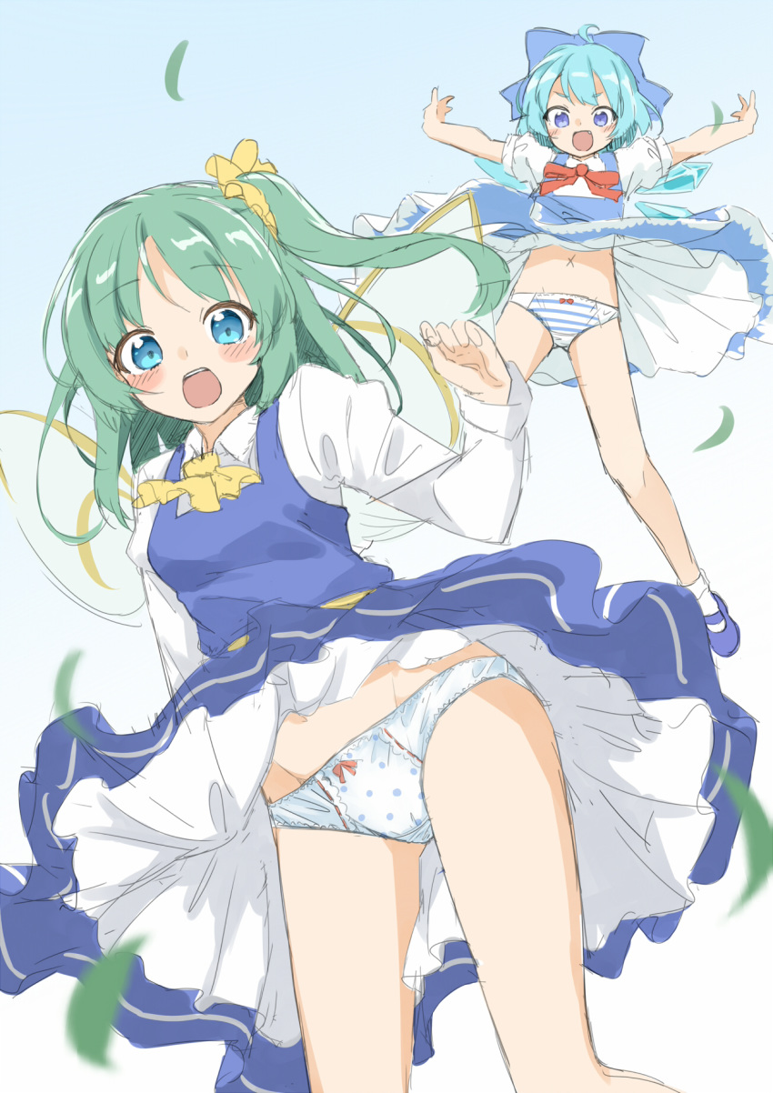 2girls :d ahoge ascot bangs blue_background blue_bow blue_dress blue_eyes blue_footwear blue_hair blush_stickers bobby_socks bow bow_panties breasts cirno commentary_request daiyousei dress dress_lift eyebrows_visible_through_hair fang gradient gradient_background green_hair groin hair_bow hair_ornament hair_scrunchie highres leaves_in_wind long_hair long_sleeves multiple_girls navel one_side_up open_mouth outstretched_arms panties polka_dot polka_dot_panties red_bow scrunchie sekira_ame shirt shoes sketch sleeveless sleeveless_dress small_breasts smile socks striped striped_panties touhou underwear v-shaped_eyebrows white_background white_legwear white_panties white_shirt wind wind_lift yellow_neckwear yellow_scrunchie