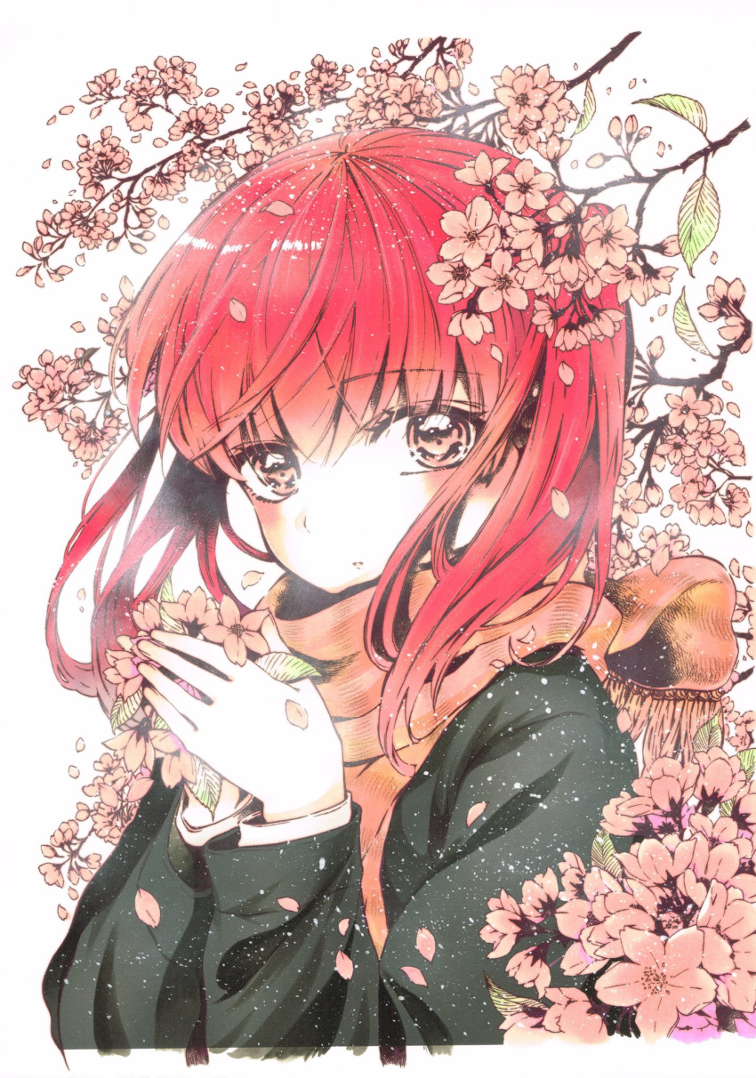 1girl bangs branch cherry_blossoms commentary_request highres jacket long_hair long_sleeves looking_at_viewer nariie_shin'ichirou original petals redhead scarf solo traditional_media upper_body white_background wind