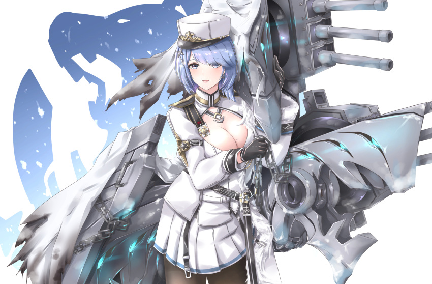 1girl absurdres azur_lane black_gloves blue_eyes blue_hair blush breasts chain chapayev_(azur_lane) eyebrows_visible_through_hair gloves gudon_(iukhzl) hair_ornament hairclip hat highres jacket large_breasts looking_at_viewer machinery military_hat mole mole_on_breast peaked_cap short_hair smile solo turret white_headwear white_jacket