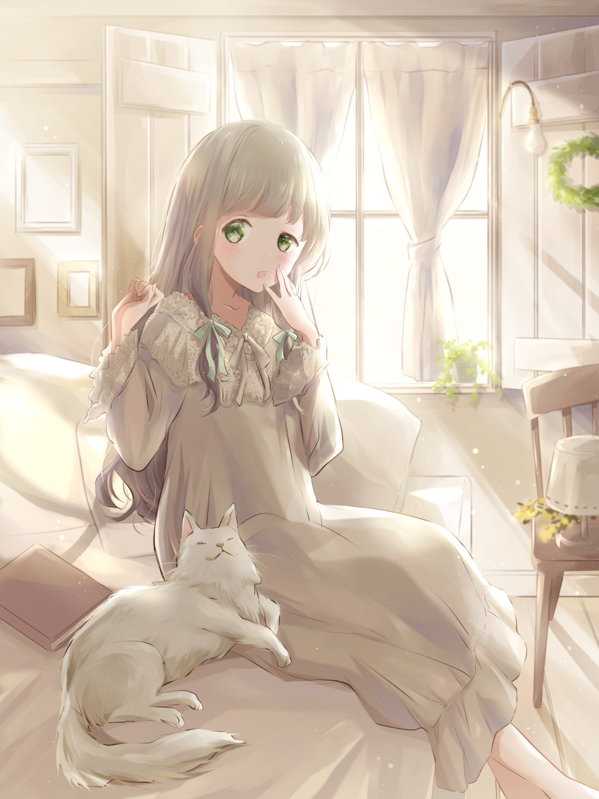 1girl absurdres arms_up bangs barefoot bed bedroom book cat chair commentary curtains day english_commentary expressionless feet_out_of_frame green_eyes hair_ribbon hand_on_own_face highres hoshiibara_mato indoors lace-trimmed_sleeves lamp light_blush light_brown_hair light_bulb light_particles light_rays long_hair long_sleeves looking_at_viewer morning nightgown on_bed open_mouth original picture_frame pillow plant potted_plant ribbon shutter sidelocks sitting sitting_on_bed solo sunbeam sunlight tress_ribbon uneven_eyes very_long_hair white_nightgown window wreath