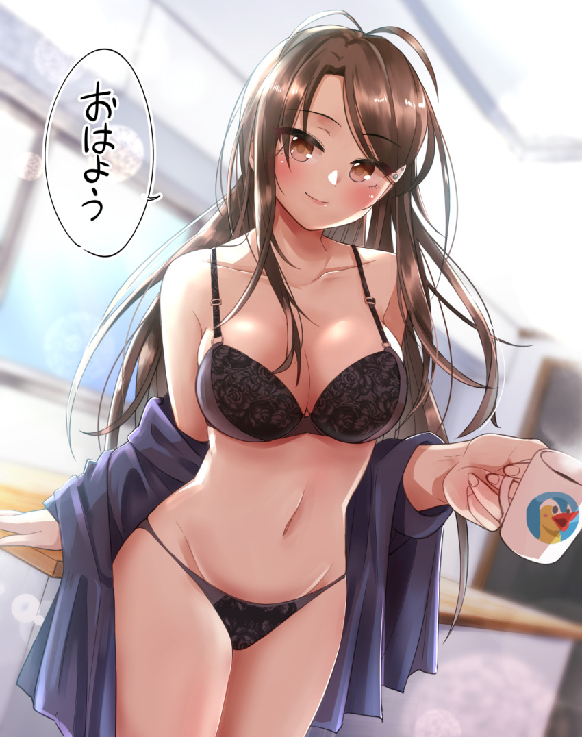 1girl black_bra black_panties blush bra breasts brown_eyes brown_hair character_request coffee_mug copyright_request cup highres holding holding_cup indoors ishii_takuma long_hair looking_at_viewer medium_breasts mug navel panties shiny shiny_hair shiny_skin solo standing steam underwear