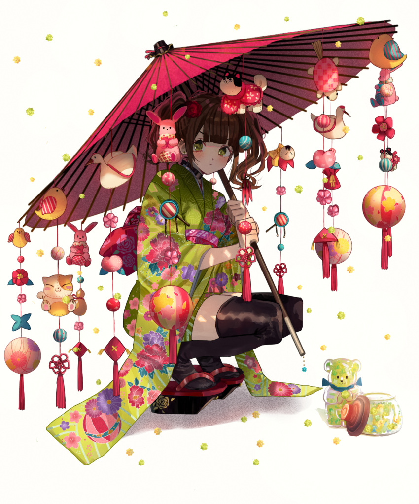 1girl bangs black_legwear blunt_bangs brown_hair candy closed_mouth commentary_request earrings floral_print flower food full_body furisode green_eyes hair_flower hair_ornament highres hinamatsuri holding holding_umbrella japanese_clothes jar jewelry kimono konpeitou looking_at_viewer oriental_umbrella original print_kimono short_twintails solo squatting stuffed_animal stuffed_bunny stuffed_cat stuffed_dog stuffed_toy teddy_bear thigh-highs torino_enaga twintails umbrella white_background zouri