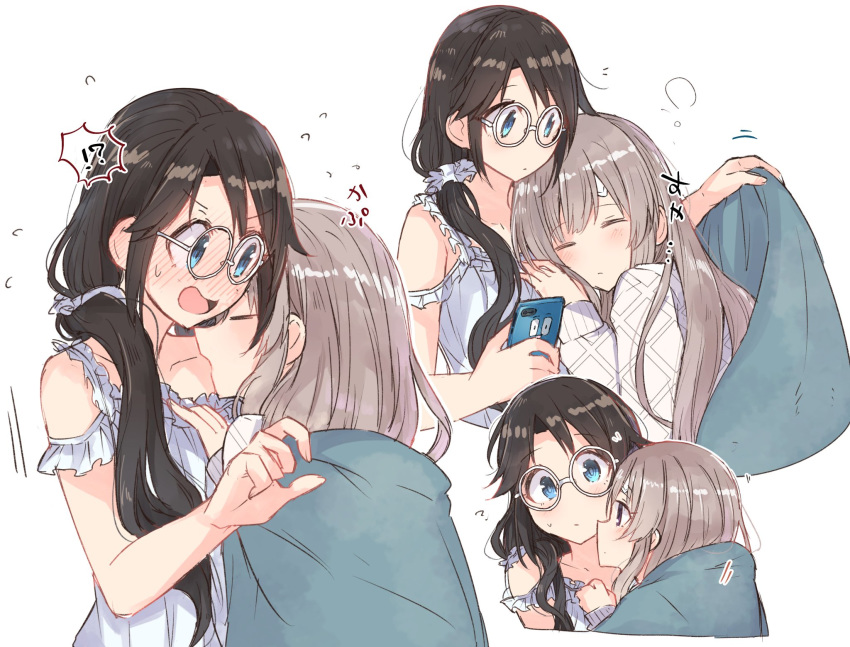 2girls bandaid_on_forehead bangs bare_shoulders black_hair blanket blue_eyes brown_eyes brown_hair cellphone closed_eyes closed_mouth commentary_request dress eye_contact eyebrows_visible_through_hair flying_sweatdrops frilled_dress frills glasses hanetsuka highres holding holding_phone hug idolmaster idolmaster_shiny_colors imminent_kiss long_hair long_sleeves looking_at_another low_twintails mitsumine_yuika motion_lines multiple_girls multiple_views open_mouth panties phone round_eyewear simple_background sleeping sleeveless sleeveless_dress smartphone sweater twintails under_covers underwear v-shaped_eyebrows white-framed_eyewear white_background white_panties white_sweater yuri yuukoku_kiriko