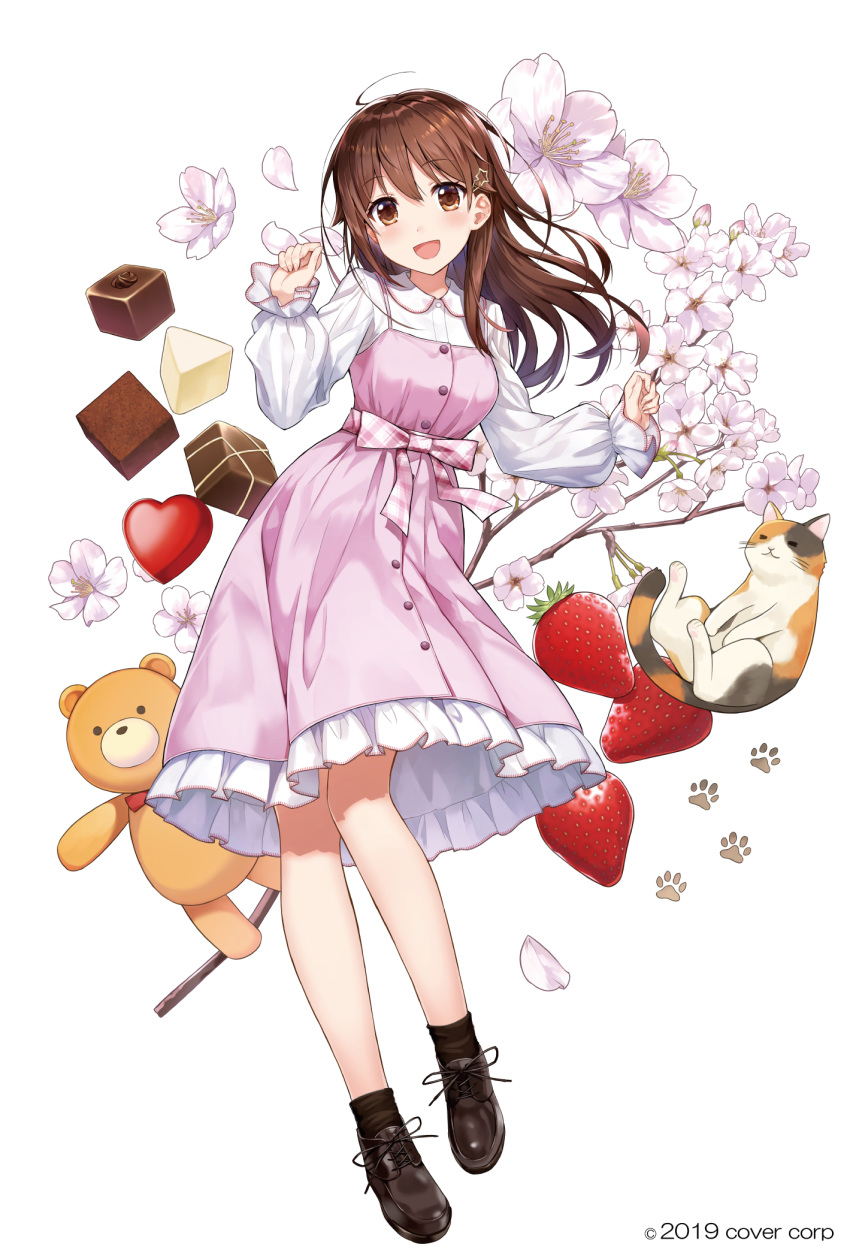 1girl amagai_tarou ankimo_(tokino_sora_channel) bangs blush brown_eyes brown_footwear brown_hair cat cherry_blossoms chocolate dress flower full_body hair_ornament hairclip heart highres hololive long_hair long_sleeves looking_at_viewer official_art open_mouth paw_print petals pink_dress shirt shoes simple_background smile star star_hair_ornament stuffed_animal stuffed_toy teddy_bear tokino_sora tokino_sora_channel virtual_youtuber water white_background white_shirt