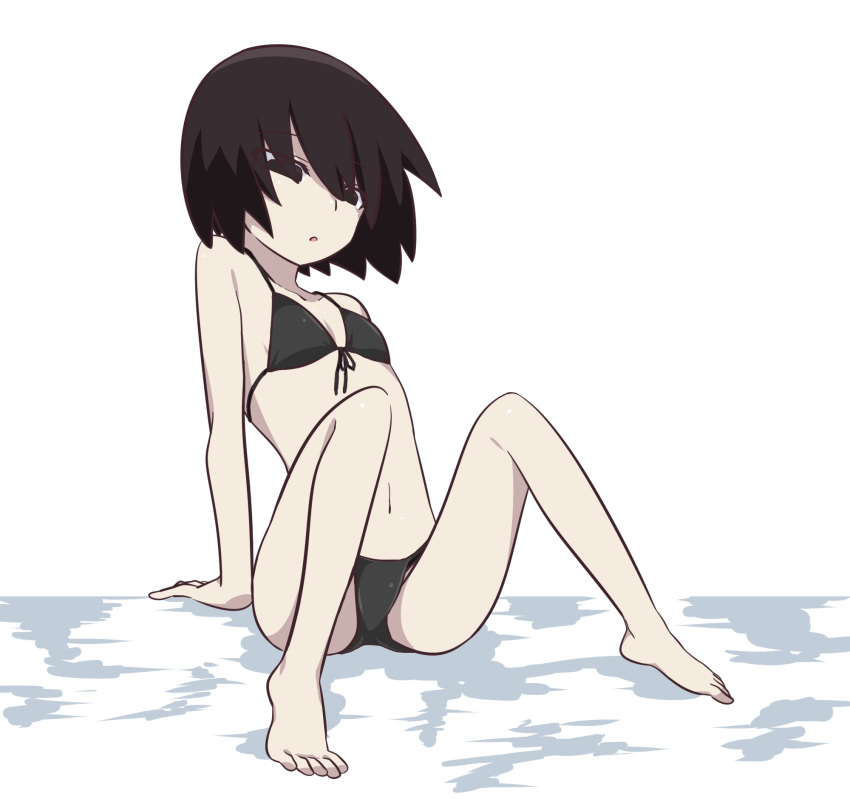 1girl arm_support bare_shoulders barefoot bikini black_bikini black_hair bob_cut breasts commentary empty_eyes front-tie_bikini front-tie_top hair_over_eyes highres kaze_(wil404) knees_up looking_ahead midriff monogatari_(series) navel no_gloves oshino_ougi parted_lips short_hair simple_background sitting_on_floor small_breasts solo string_bikini swimsuit white_background