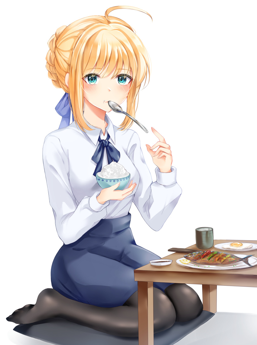 1girl absurdres ahoge artoria_pendragon_(all) bangs black_legwear blonde_hair blue_ribbon blue_skirt blush bowl braid breasts commentary_request dress eating eyebrows_visible_through_hair fate/grand_order fate_(series) fish food food_on_face green_eyes hair_ribbon highres kneeling long_sleeves looking_at_viewer medium_breasts no_shoes pantyhose pencil_skirt ribbon rice rice_bowl rice_on_face saber shirt short_hair simple_background skirt solo table white_background white_shirt zipgaemi